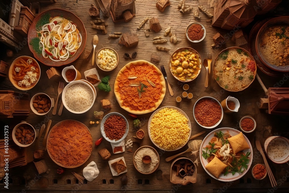 Traditional Indian dishes on the wooden table, selection of assorted spicy food, ai generated