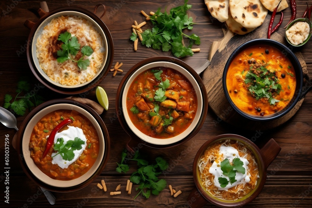 Traditional Indian dishes on the wooden table, selection of assorted spicy food, ai generated Traditional Indian dishes on the wooden table, selection of assorted spicy food, ai generated