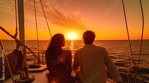 Panorama of young Hispanic couple at leisure sailing the ocean relaxing on luxury yacht watching the sunset on the horizon.