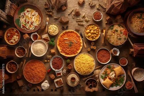Traditional Indian dishes on the wooden table, selection of assorted spicy food, ai generated