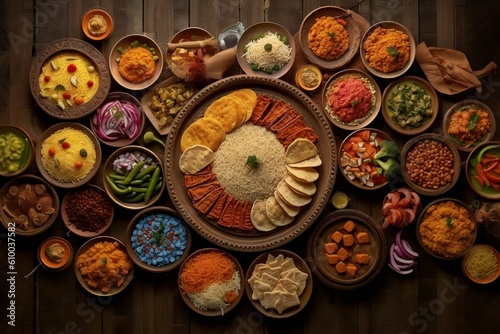 Traditional Indian dishes on the wooden table, selection of assorted spicy food, ai generated