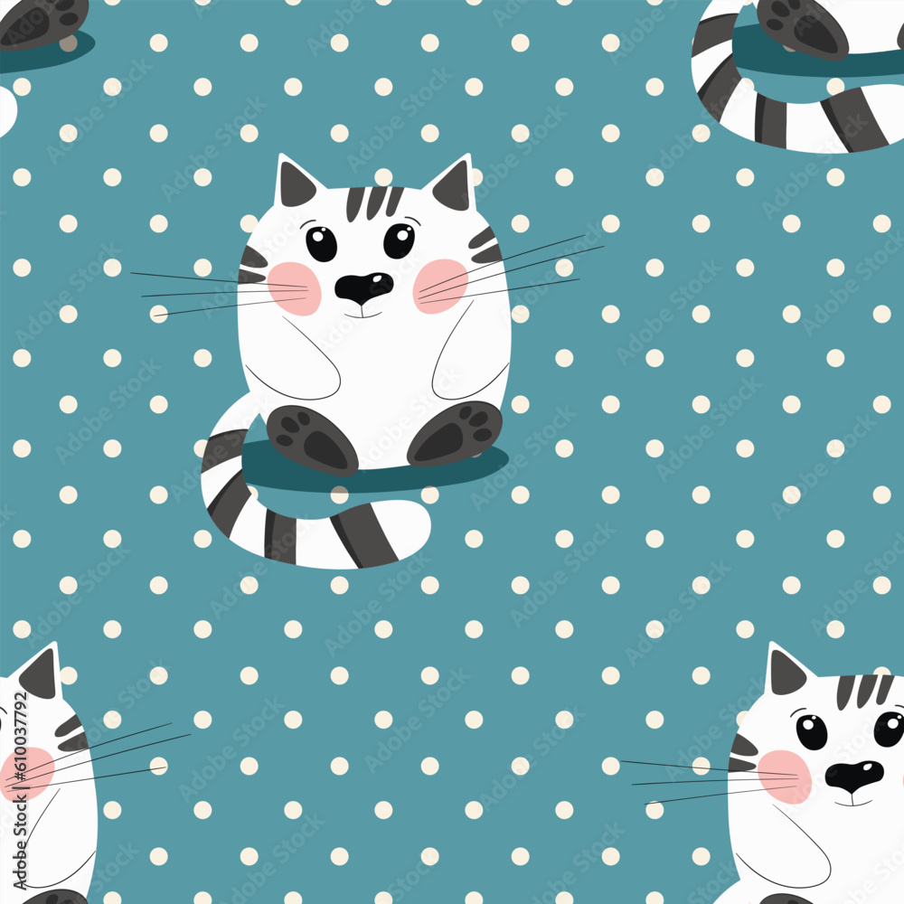 Seamless pattern with cute kitten print. Different scandy cats on color background. Scandinavian style illustration for kids. Vector illustration for fabric, textile, wallpaper, home clothing, pajama Seamless pattern with cute kitten print. Different scandy cats on color background. Scandinavian style illustration for kids. Vector illustration for fabric, textile, wallpaper, home clothing, pajama