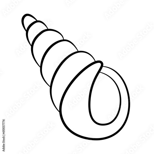 Spiral seashell black and white contour drawing isolated vector illustration. Turritella conch sea shell clipart. Sea underwater marine design element. Aquarium icon or logo. Tropical summer line art.