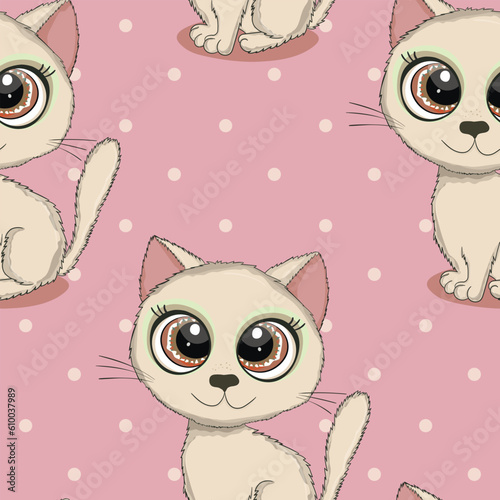 Seamless pattern with cute kitten print. Different scandy cats on color background. Scandinavian style illustration for kids. Vector illustration for fabric, textile, wallpaper, home clothing, pajama