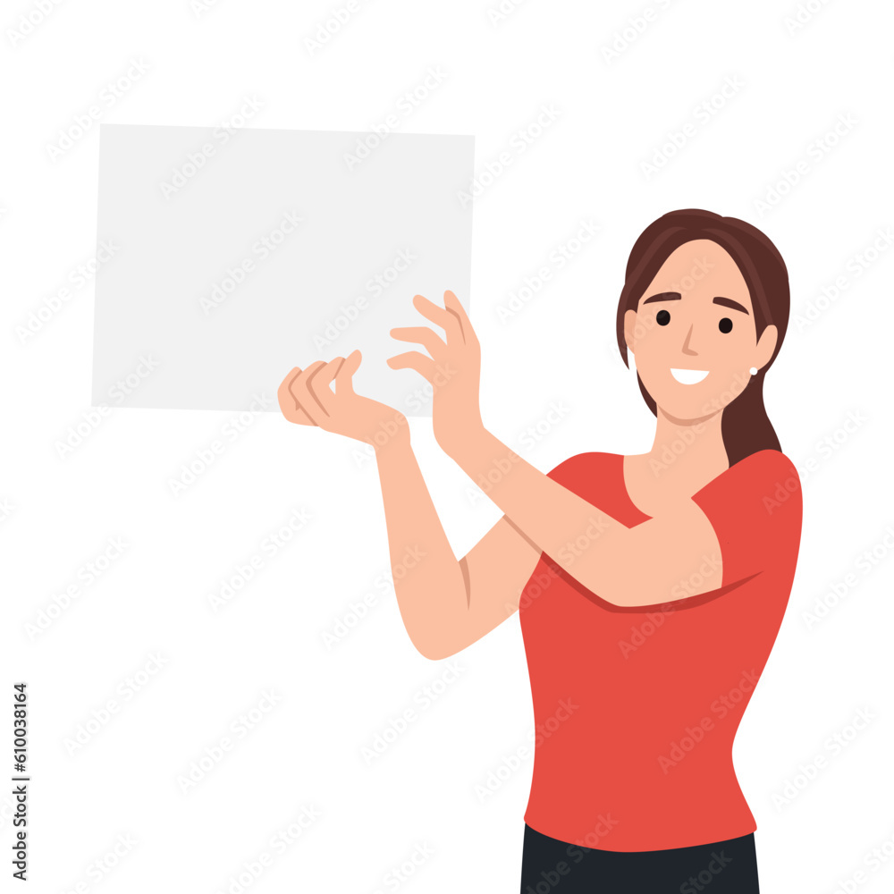 Beautiful young woman holding blank billboard with empty banner for copyspace advertising and announcement messages. Flat vector illustration isolated on white background Beautiful young woman holding blank billboard with empty banner for copyspace advertising and announcement messages. Flat vector illustration isolated on white background