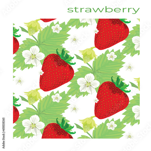Strawberry pattern with leaves on a white background