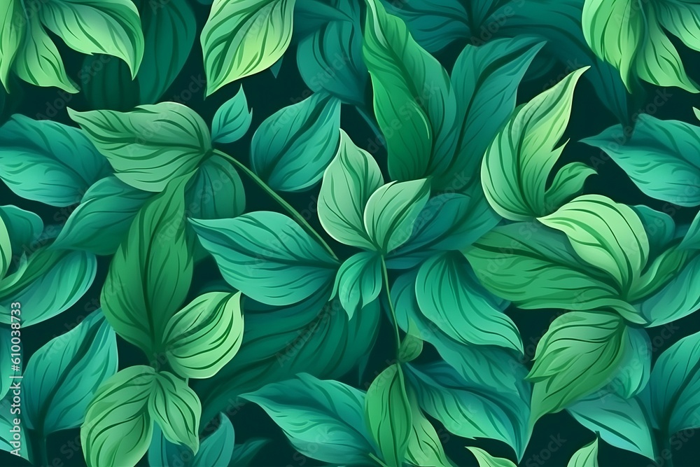 Drawn background of green leaves. Green floral texture, wallpaper. Generative AI. Drawn background of green leaves. Green floral texture, wallpaper. Generative AI.