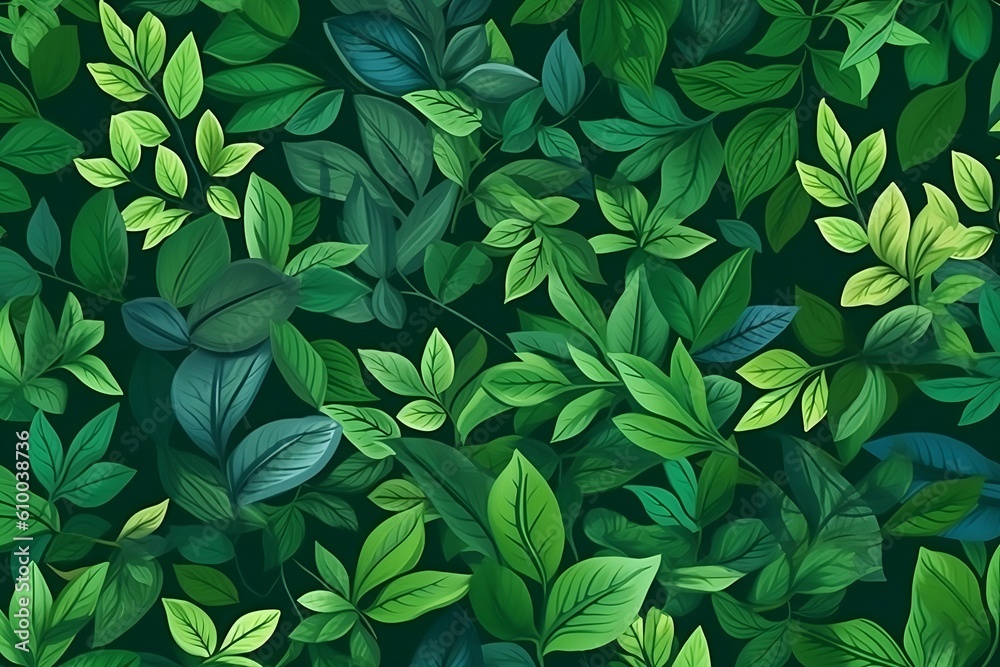 Drawn background of green leaves. Green floral texture, wallpaper. Generative AI. Drawn background of green leaves. Green floral texture, wallpaper. Generative AI.