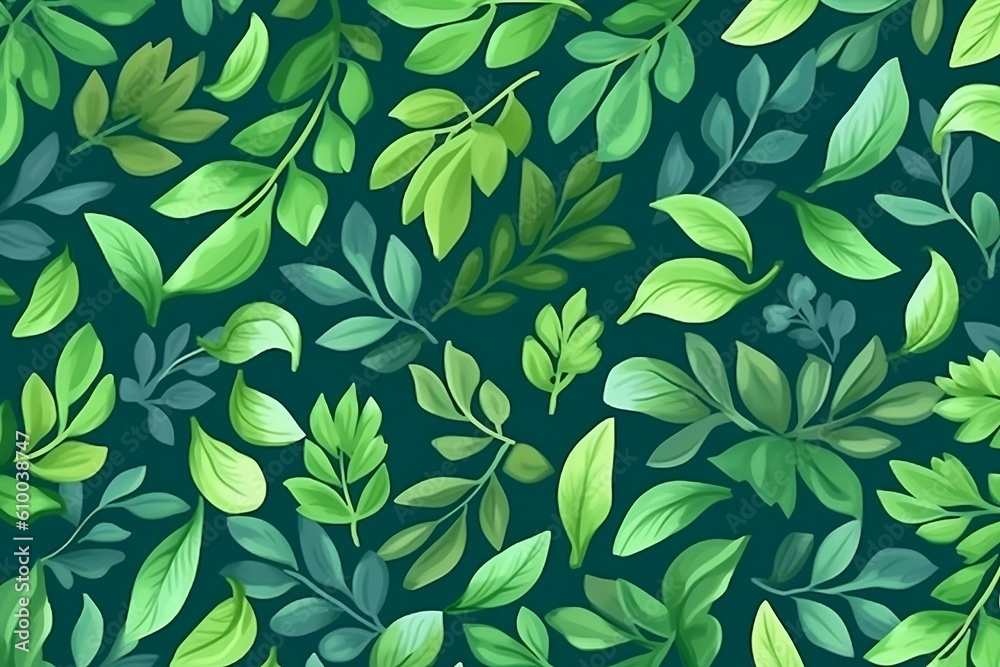 Drawn background of green leaves. Green floral texture, wallpaper. Generative AI. Drawn background of green leaves. Green floral texture, wallpaper. Generative AI.