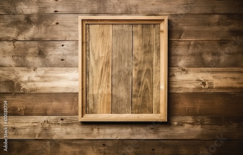 Wooden frame with on the wooden wall, Old picture frame, Generative AI.