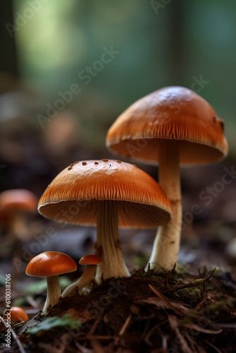 Forest mushrooms in their natural environment. AI generated