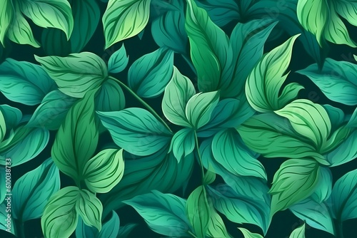 Drawn background of green leaves. Green floral texture, wallpaper. Generative AI.