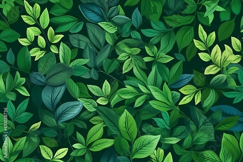 Drawn background of green leaves. Green floral texture, wallpaper. Generative AI.