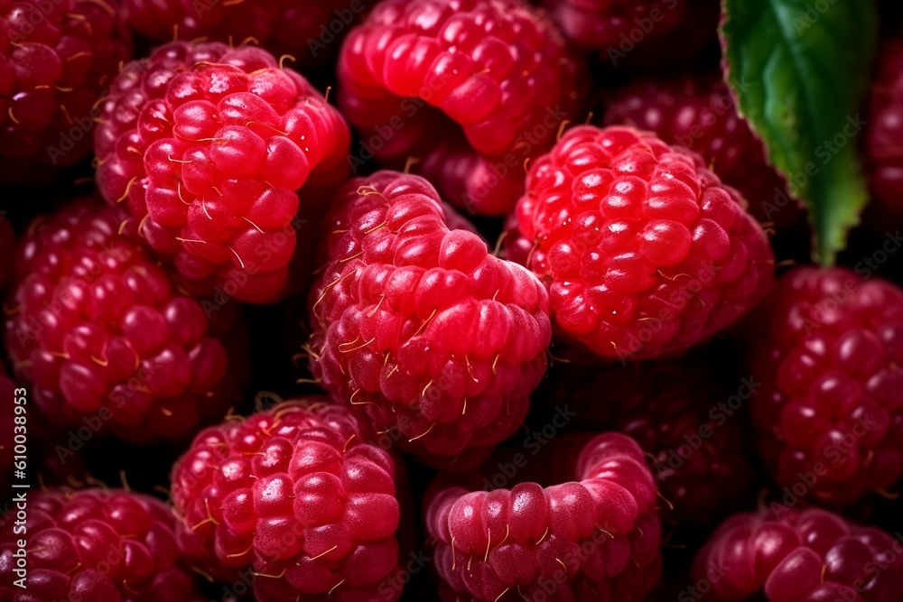 Raspberries background. Close-up of fresh berries with green leaf. Beautiful wallpapers. Generative AI. Raspberries background. Close-up of fresh berries with green leaf. Beautiful wallpapers. Generative AI.