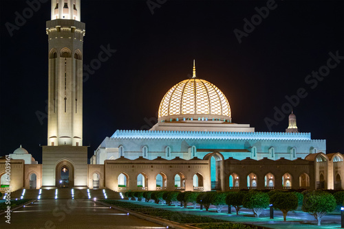 Sultan Qaboos Grand Mosque at night. Muscat. Sultanate of Oman