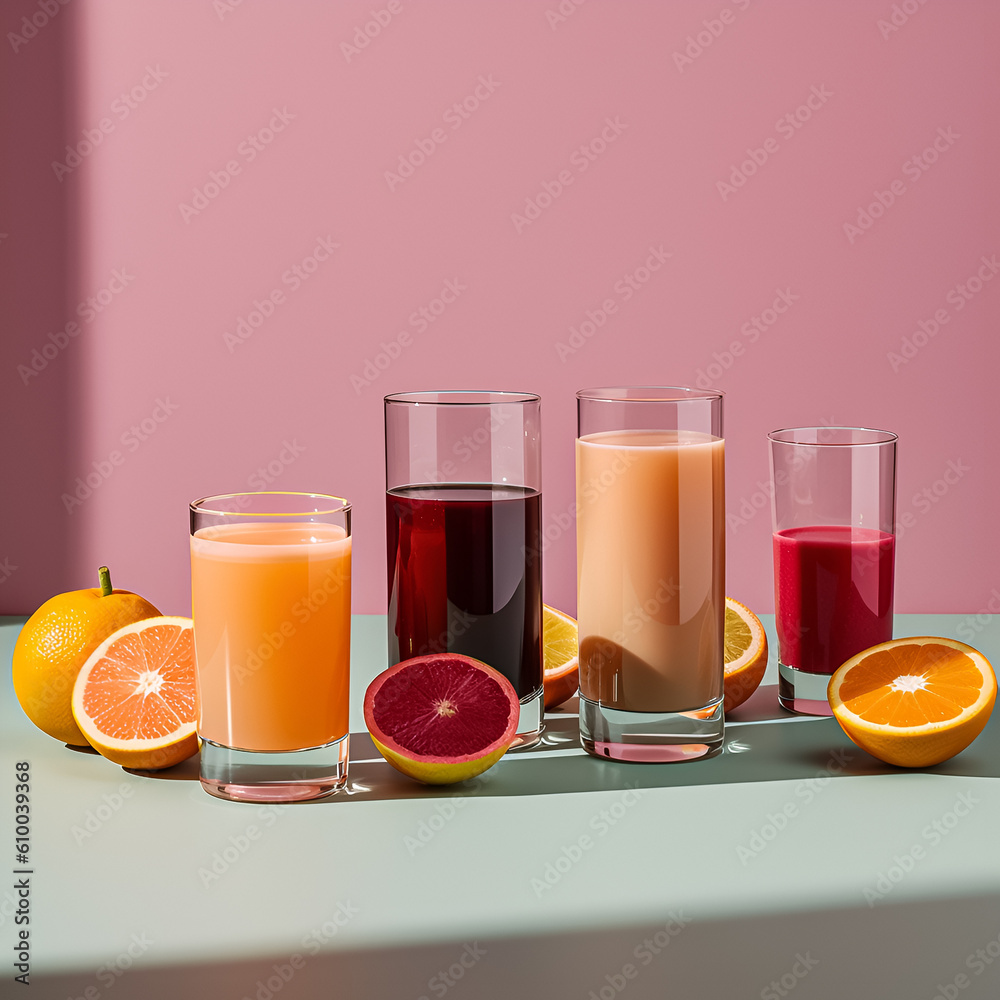 Glass of orange juice and fruits. Illustration. Ai generation. Glass of orange juice and fruits. Illustration. Ai generation.