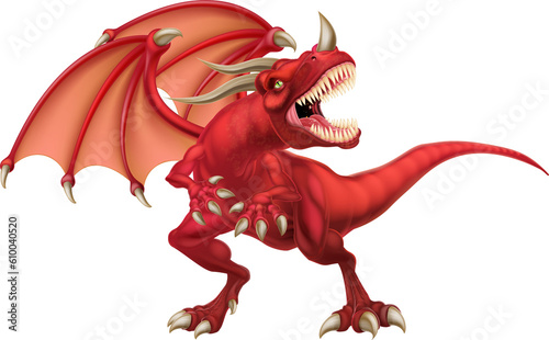 An illustration of a mean looking fantasy fairy tale red fire breathing dragon