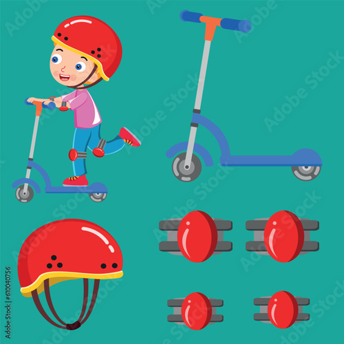 child riding a scooter, safe, helmet