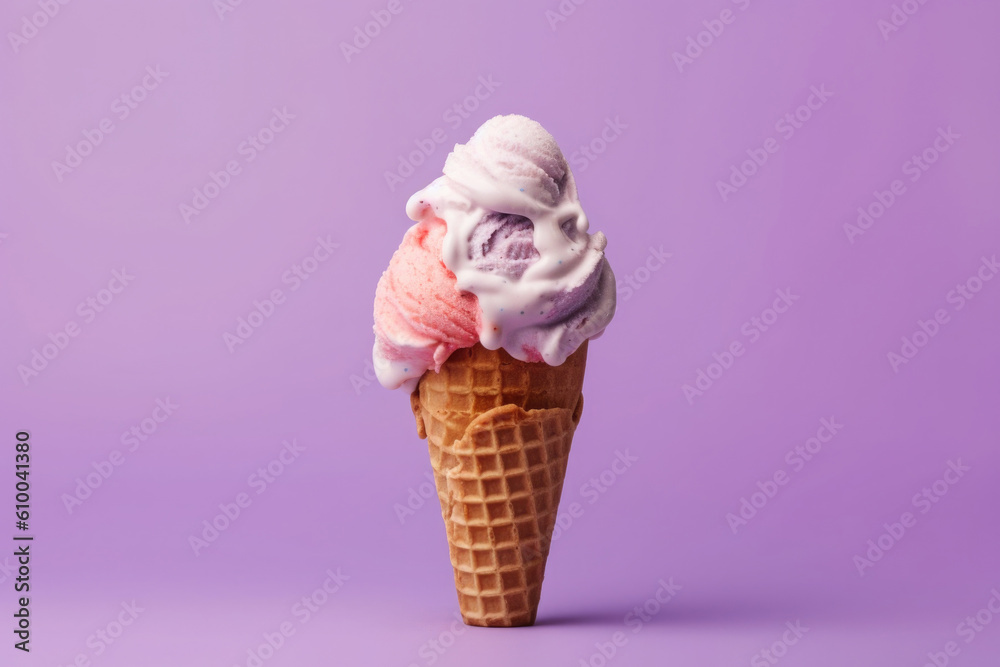 Ice cream cone on colored background, minimal style. Creative summer