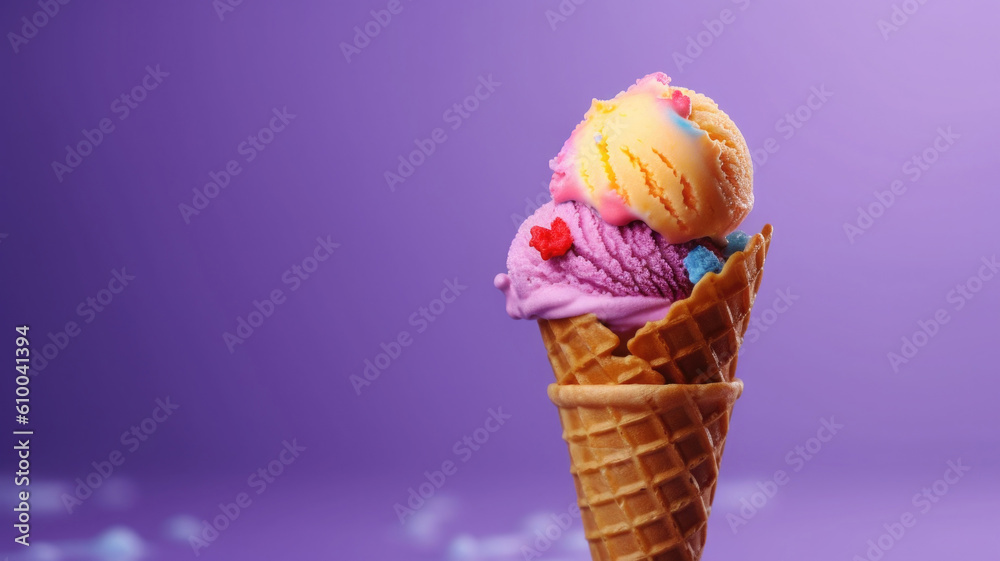 Ice cream cone on colored background, minimal style. Creative summer