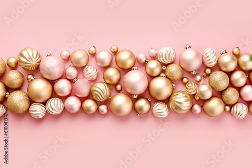 Christmas greeting card with pink and golden glass balls on pink background. Banner. Space for text. View from above. Flat lay. Generative AI.