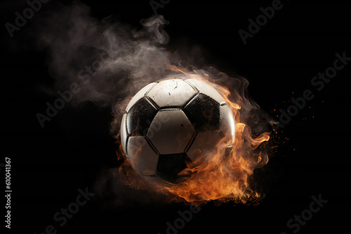 Soccer ball surrounded by dust and fire, ai generated