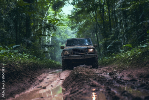 Four wheel drive SUV is driving on muddy road in jungle. Jeep on safari after rain. Car racing offroad. Created with Generative AI