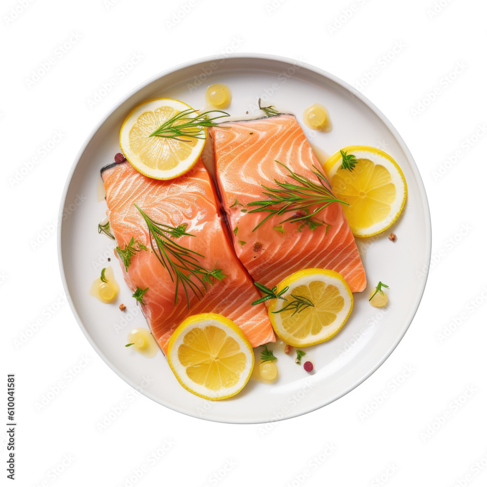 Delicious Plate of Raw Salmon and Lemon on a Transparent Background. Generative AI Delicious Plate of Raw Salmon and Lemon on a Transparent Background. Generative AI