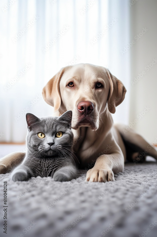 British cat and labrador dog together on the floor indoors. British cat and labrador dog together on the floor indoors.