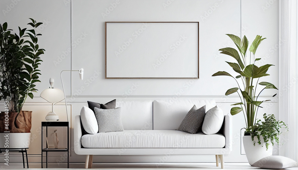 Blank horizontal poster frame mock up in minimal Scandinavian white style living room interior, modern living room interior background Ai generated image Blank horizontal poster frame mock up in minimal Scandinavian white style living room interior, modern living room interior background Ai generated image