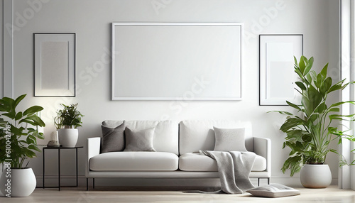 Blank horizontal poster frame mock up in minimal Scandinavian white style living room interior  modern living room interior background Ai generated image