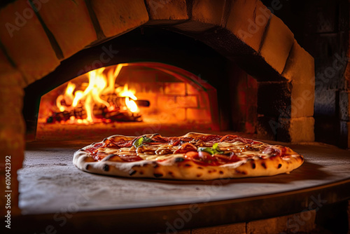 Italian pizza in front of stone oven created with Generative AI technology