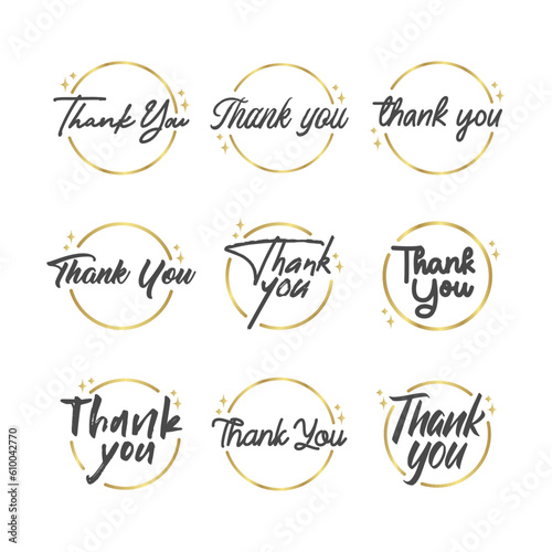 Thank you message. Beautiful greeting calligraphy text. Handwritten modern lettering with golden circle frame.