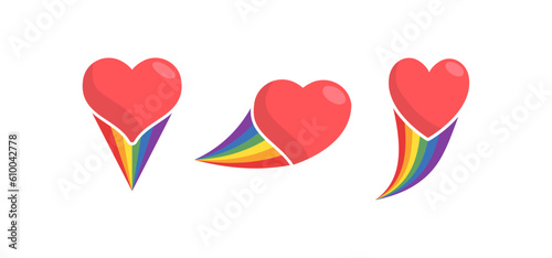 Heart icon with rainbow flag comet. Love diversity, pride month symbol.
