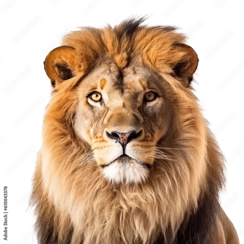 Fototapeta premium Portrait of a male lion in front of a transparent background. Created with Generative AI tools