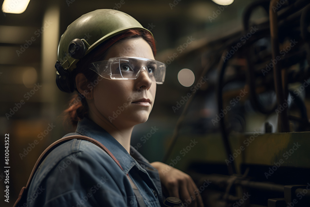 A red-haired woman in safety glasses and a hard hat at the factory. Generated AI Generative AI A red-haired woman in safety glasses and a hard hat at the factory. Generated AI Generative AI