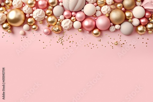 Christmas greeting card with pink and golden glass balls on pink background. Space for text. View from above. Flat lay. Generative AI.