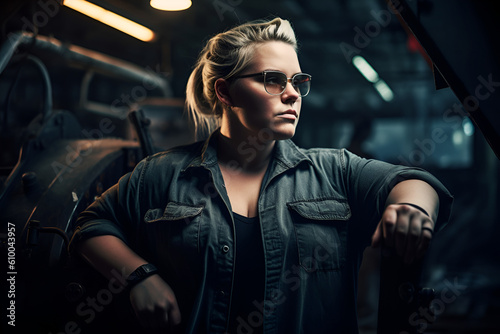 A woman with blonde hair wearing sunglasses at the factory. Generated AI Generative AI