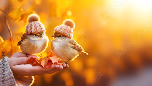 Two small birds sparrows in knitted hats on female hands on blurred autumn background. Hello autumn. Autumn character. Funny forest illustration. Copy space. Generative ai
