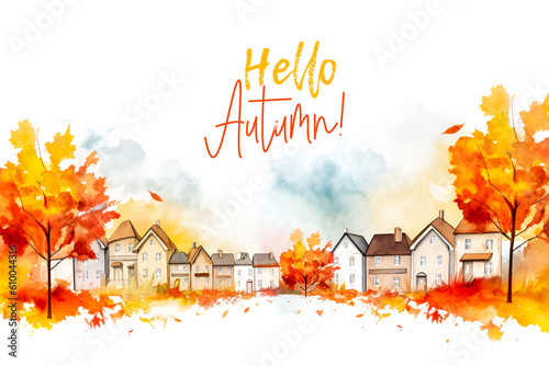 Autumn card with watercolor drawing beautiful fall landscape and inscription Hello Autumn on white background. Concept of hello autumn. Generative ai