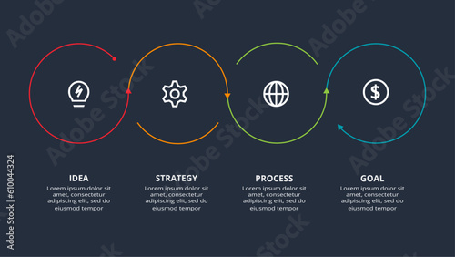 Line concept for infographic with 4 steps, options, parts or processes. Template for web on a black background.