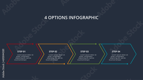 Line concept for infographic with 4 steps, options, parts or processes. Template for web on a black background.