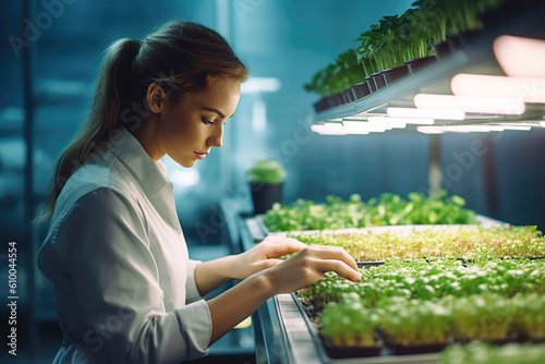Agronomist biologist woman growing green plants in laboratory made with Generative AI technology