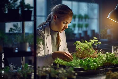 Agronomist biologist woman growing green plants in laboratory made with Generative AI technology photo