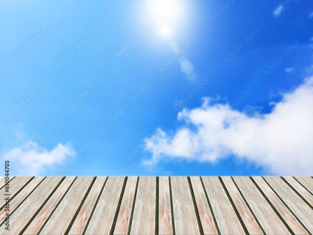 light brown empty wooden table with the clear blue sky and sunlight as background  for product display