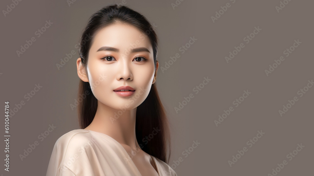 This beauty portrait features an Asian woman promoting a face cream in a professional photo studio. Generative Ai