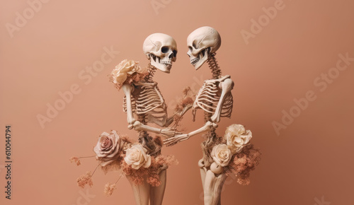 Creative halloween concept until death do us a part. Two skeletons in love with floral decorations. Generative AI.
