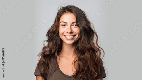 Happy brunette woman with wavy hairs posing on grey background Generative AI image