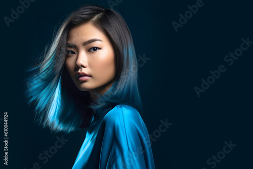 Beautiful asian woman posing over blue background .Generative Ai