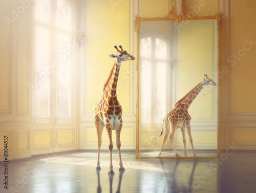 Giraffe in ballet studio dancing. Elegant wild animal straightens her posture looking herself in the mirror. Generative AI.